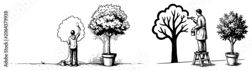 Foto Artist painting trees on canvas and in pots representing creativity and growth i