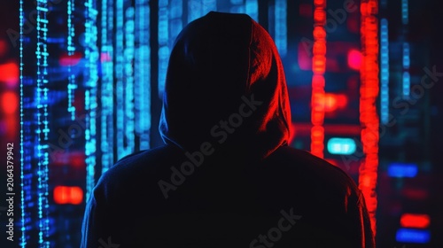 Silhouette Of Person With Red Hood In Neon Blue Digital Cityscape Night Scene