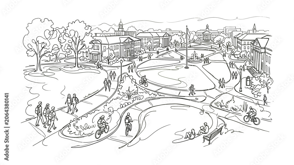 Fototapeta premium Line art sketch of a vibrant university campus quadrangle with students.