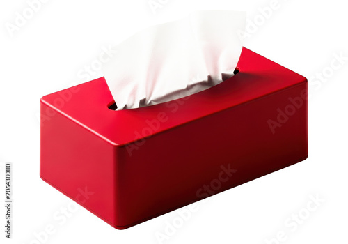Red tissue box with white tissues coming out isolated on a transparent background, useful for design elements.