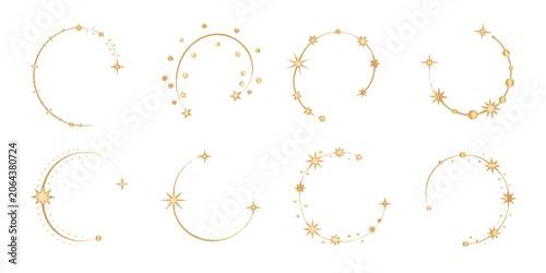 Gold shimmering crescent moon celestial frame set decorated with stars and glittery sparkles for magic card decorative elements.