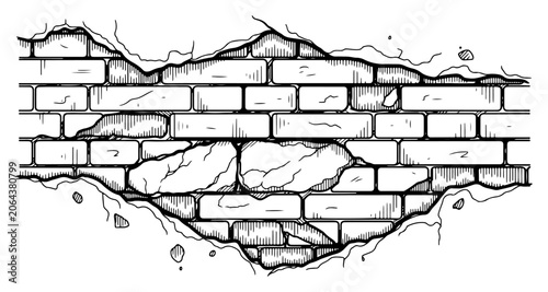 Obraz na płótnie Broken brick wall with cracked plaster showing structural damage in detailed ske