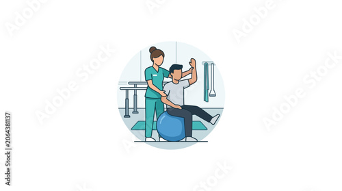 Physical Therapist Helping Patient with Exercise Ball Rehabilitation