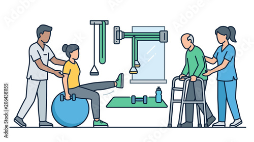 Physical Therapy Rehabilitation Sessions with Therapists and Patients