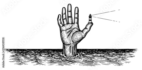 Canvastavla Hand with lighthouse on finger emerging from ocean waves in vintage engraving st
