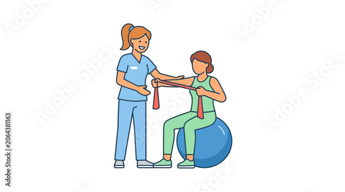 Physical Therapist Assisting Woman with Resistance Band Exercises
