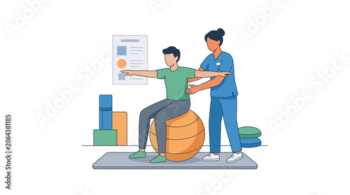 Physical Therapist Assisting Patient with Exercise Ball