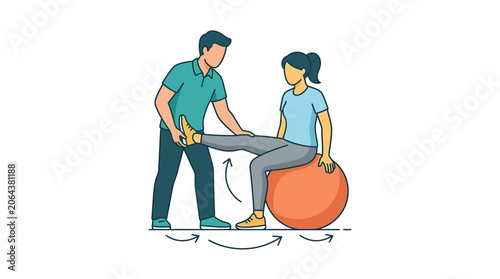 Physical Therapist Assisting Patient with Leg Exercise on Fitness Ball