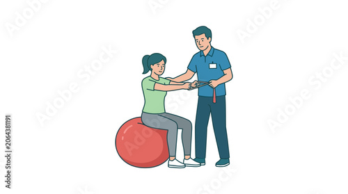 Physical Therapist Assisting Patient with Exercise Ball Rehabilitation