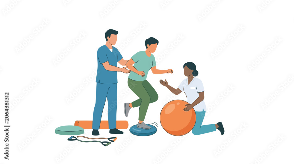 Fototapeta premium Physical Therapy Session with Patient Balancing on Exercise Equipment