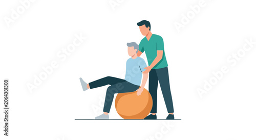 Physiotherapist assisting senior patient with exercise ball therapy