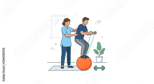 Physiotherapist Assisting Patient With Fitness Ball Exercise