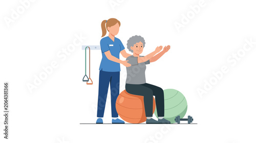 Physiotherapist assisting senior woman with rehabilitation exercise