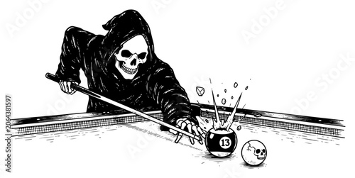 Foto Grim Reaper playing billiards with skeleton hands and skull ball in detailed ske