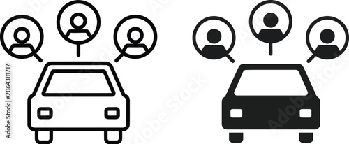 Carpool Share Icons Featuring Outline Pictograms for Ride Sharing, Transportation Services, and Commuting Applications