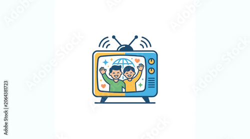 Cute Kids Waving Inside Retro Television Illustration