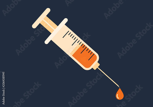 Illustration of a medical syringe with an orange liquid and a single drop