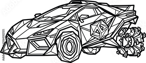 Futuristic low poly supercar vector illustration, geometric sports car line art, abstract polygonal vehicle coloring page for automotive design