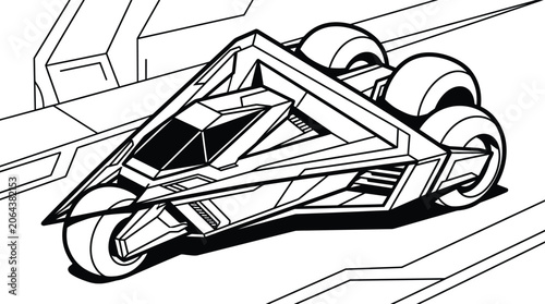 Futuristic cyberpunk vehicle line art, sci-fi concept car coloring page vector, sleek aerodynamic spaceship transport illustration for gaming