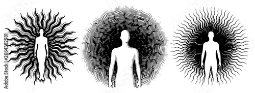 Canvas Print Human silhouettes with radiating energy auras in mystical engraving style