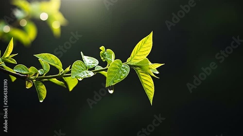 Raindrop on a leafy green branch.