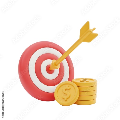 3D illustration of target with arrow and gold coins