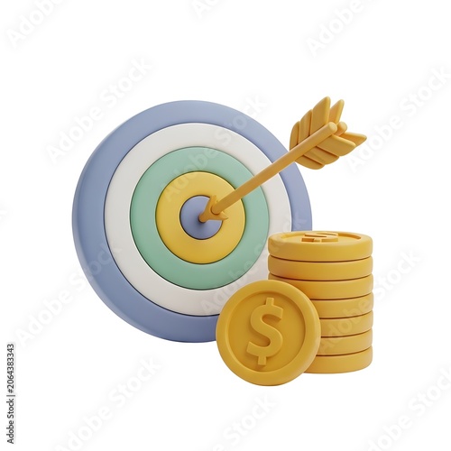 3d illustration of target with arrow and gold coins