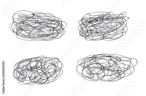 Set of 4 Hand-Drawn Black Scribbles and Tangled Line Doodles on Transparent Background
