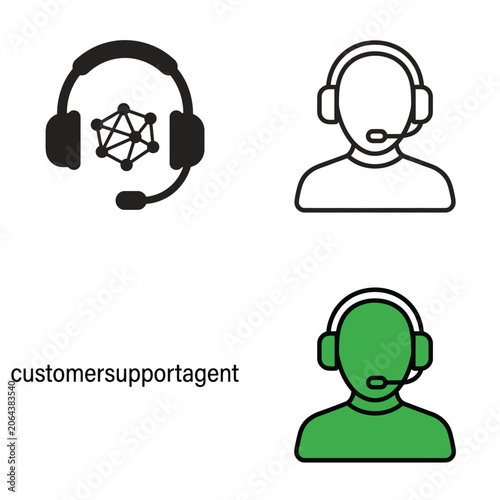 Customer support agent icons and symbols with headphones and network graphic.