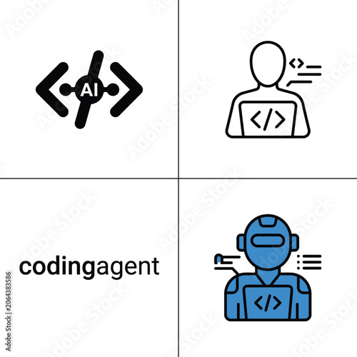 Coding agent icons and symbols with AI and computer programming elements.