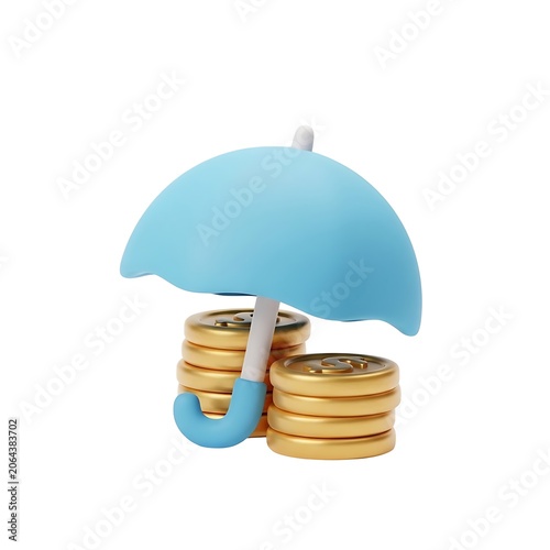 Blue umbrella protecting stack of gold shiny coins on white