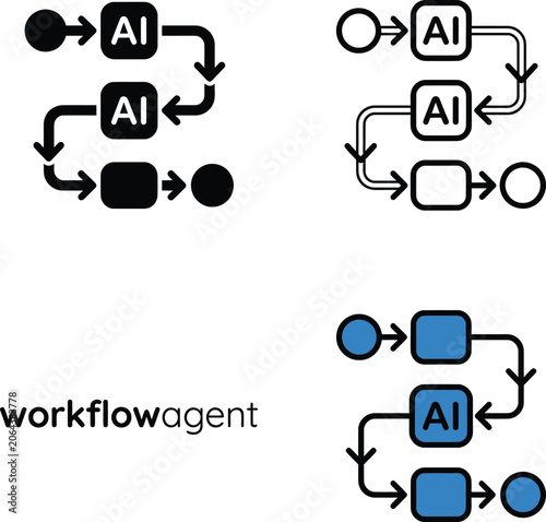 Workflow agent flowchart icons showing intelligent process sequences and step navigation.