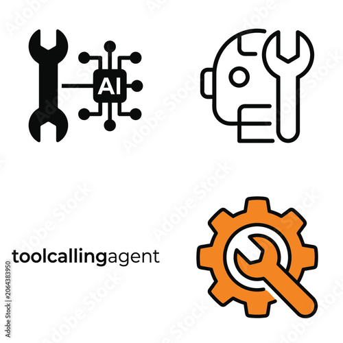Tool calling agent icon set displaying wrench mechanical elements and ai chip technology.