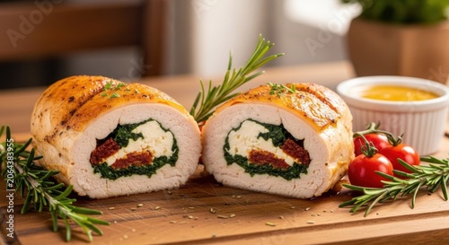 Two slices of roasted turkey breast stuffed with spinach and sun-dried tomatoes, garnished with rosemary and cherry tomatoes, served on a wooden cutting board with a side of mustard sauce.