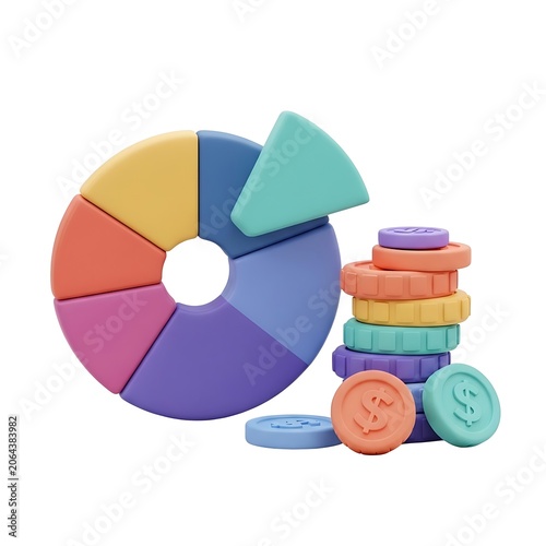 Colorful pie chart and stack of coins on white background