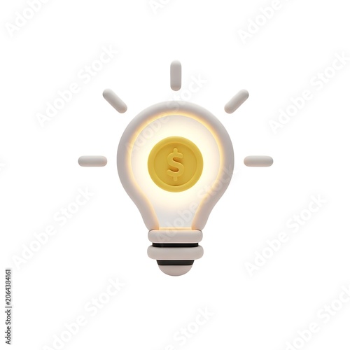 Glowing light bulb with gold dollar coin inside shining brightly