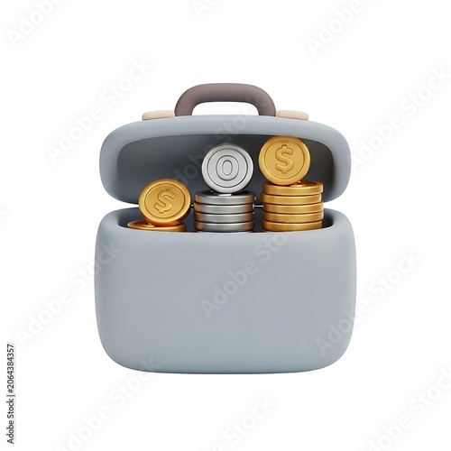 Gray briefcase with gold and silver coins inside  business finance money