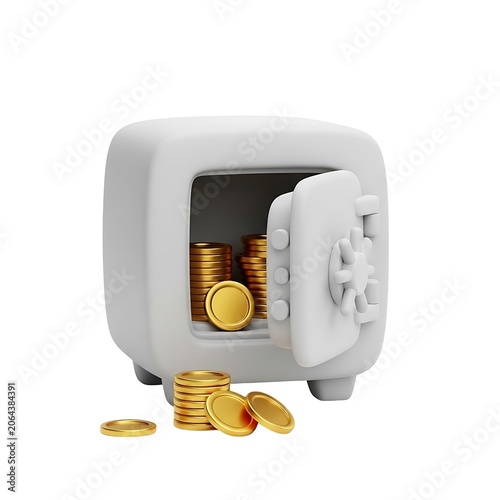 3D Illustration of Open Safe with Gold Coins Spilling Out