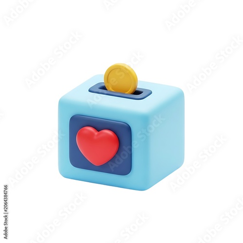 Light blue toy piggy bank with red heart and coin slot
