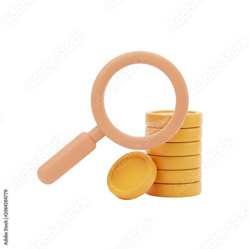 Magnifying glass and stack of coins with one coin on ground