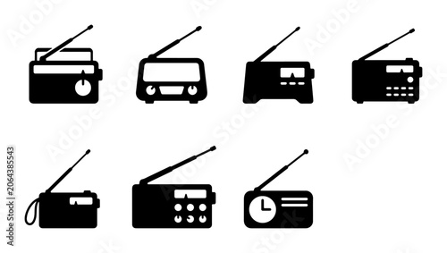 Schilderij op canvas Retro Radio Icons, Vintage Portable Transistor Set Collection, Classic Audio Rec