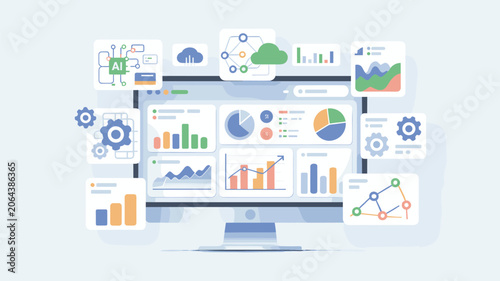 Data Analytics Dashboard Monitor with Charts and Graphs Vector Illustration