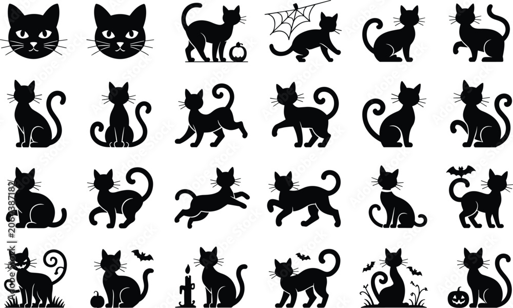 Fototapeta premium Cat silhouette bundle with diverse feline poses and mystery night elements for pet design