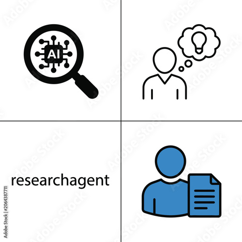 Research agent vector icon set with ai technology brain and creative innovation concept.