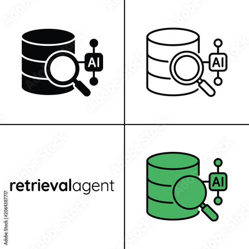 Retrieval agent vector icon set featuring database search and intelligent ai data engine.