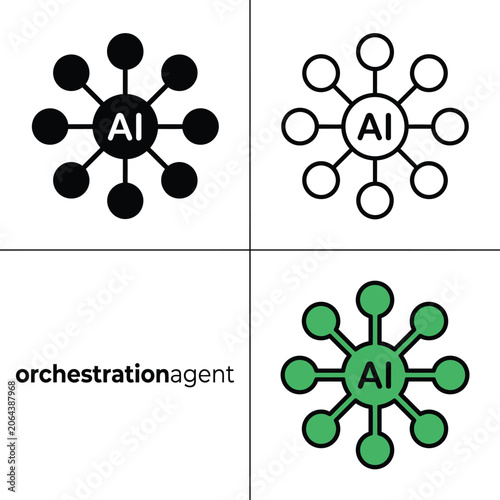 Artificial intelligence agent network icons representing ai node connection structures.