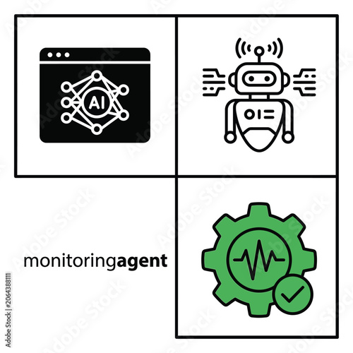 Monitoring agent icons for artificial intelligence performance tracking and status checks.