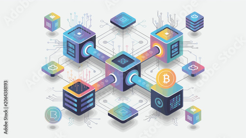 Foto Isometric Blockchain Network Cryptocurrency Data Exchange Illustration