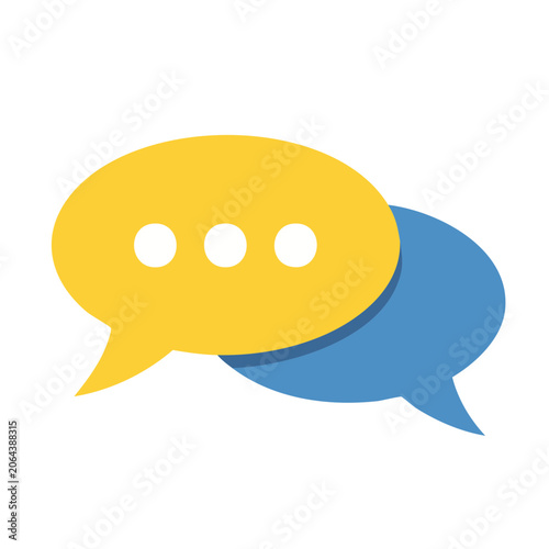 Yellow and blue speech bubbles with dots on white background