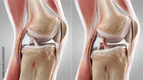 Knee joint PCL injury comparison medical illustration showing normal anatomy versus posterior cruciate ligament tear from dashboard injury for orthopedic education, patient care, and clinical training